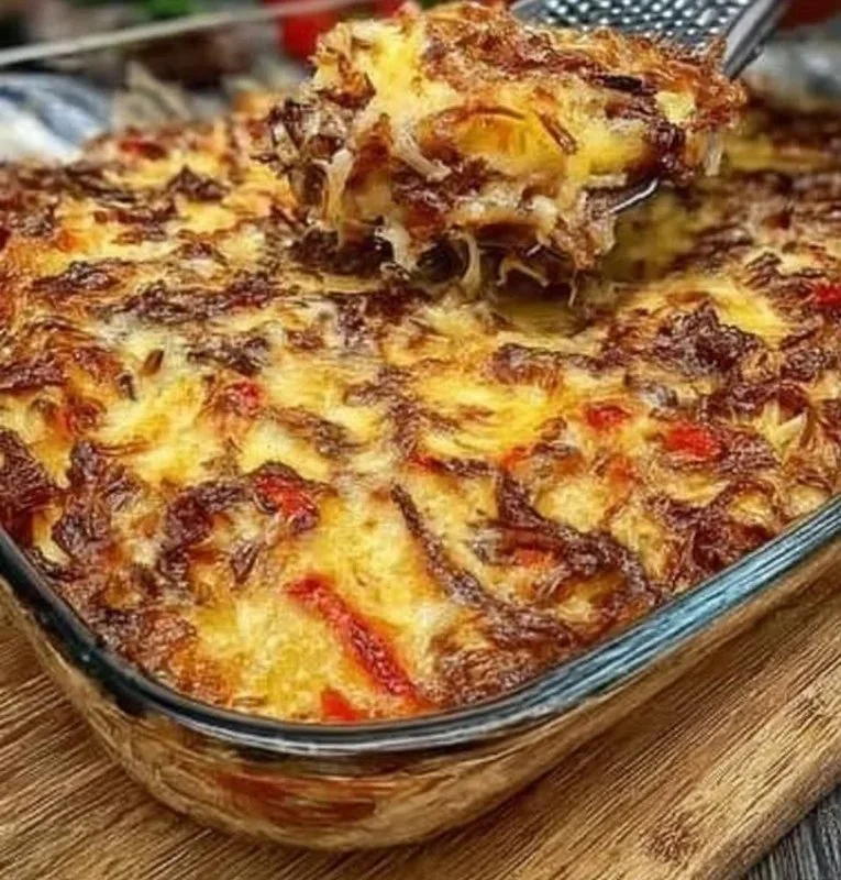 Deliciously baked dish of potatoes and peppers, ready to serve.