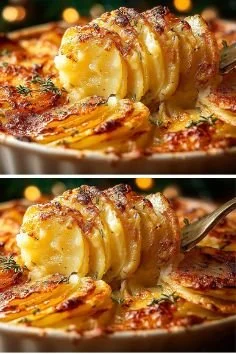 Delicious homemade Potato Gratin topped with melted cheese and herbs