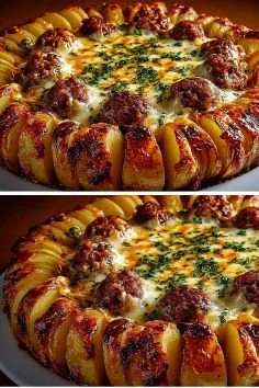 Delicious Potato Meatball Casserole served in a baking dish