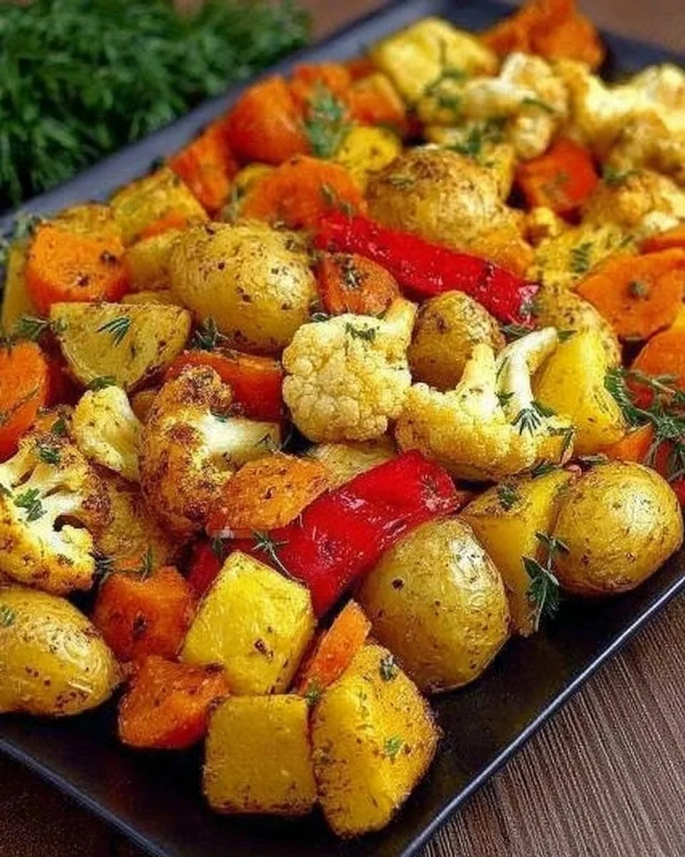 Oven-baked potatoes with colorful vegetables arranged for a healthy meal