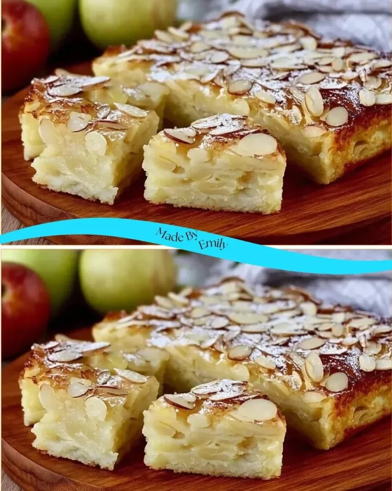 Slice of quick and creamy apple cake topped with whipped cream and apple slices