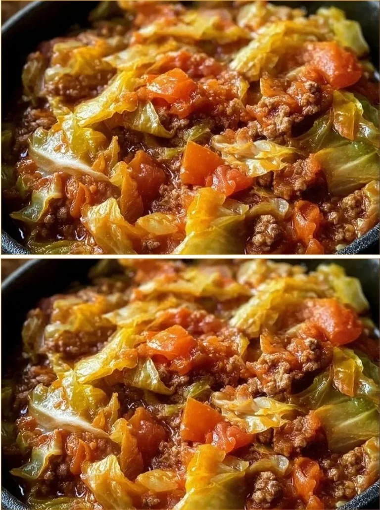 Bowl of slow cooker unstuffed cabbage rolls with tomato sauce and herbs