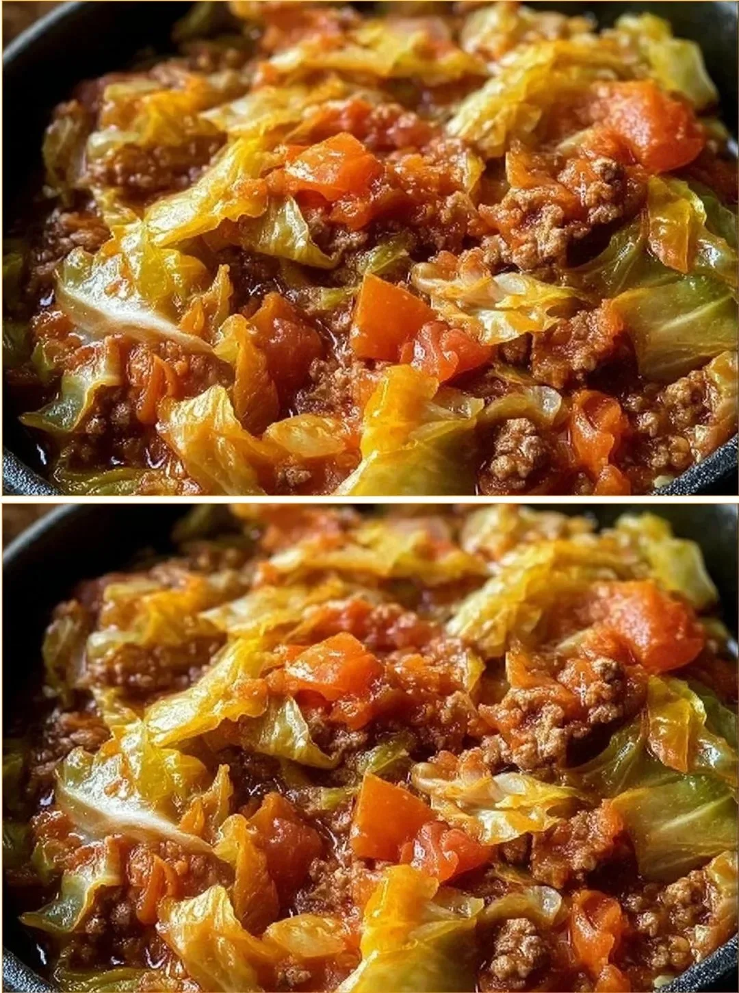 Bowl of slow cooker unstuffed cabbage rolls with tomato sauce and herbs