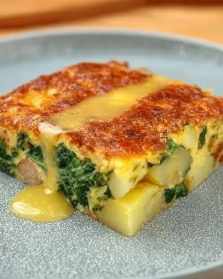 Spinach and Potato Bake dish served in a white casserole dish