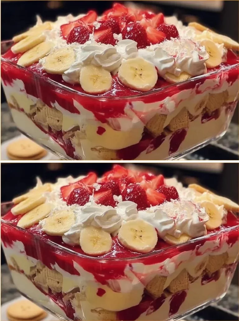 Delicious strawberry banana pudding topped with fresh fruit and whipped cream