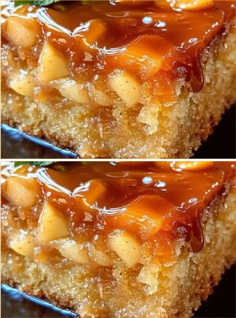 Super Moist Caramel Apple Cake topped with creamy caramel and apple slices