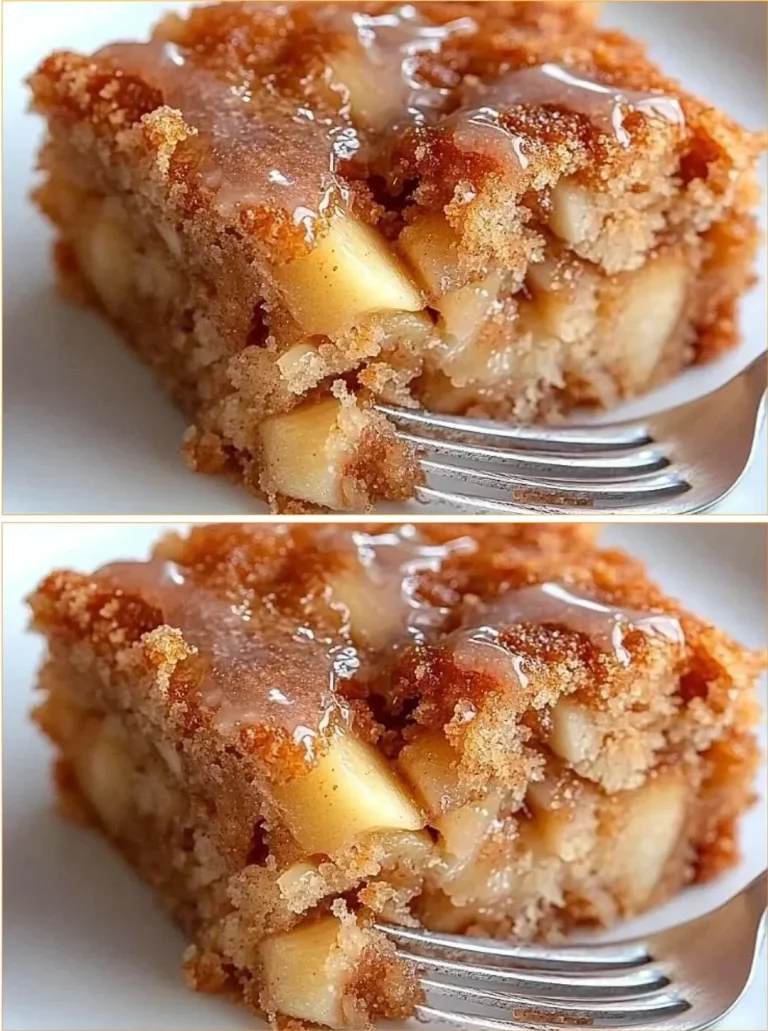 Delicious homemade sweet apple fritter cake with a golden brown crust and apple slices.