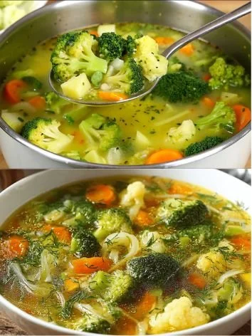 Bowl of turmeric vegetable soup with parmesan cheese garnished with herbs