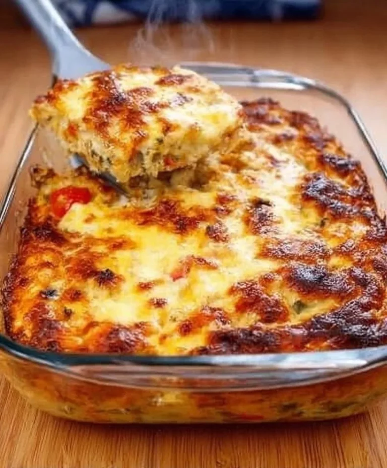 A scrumptious Vegetable and Egg Bake topped with zesty sauce, perfect for breakfast.