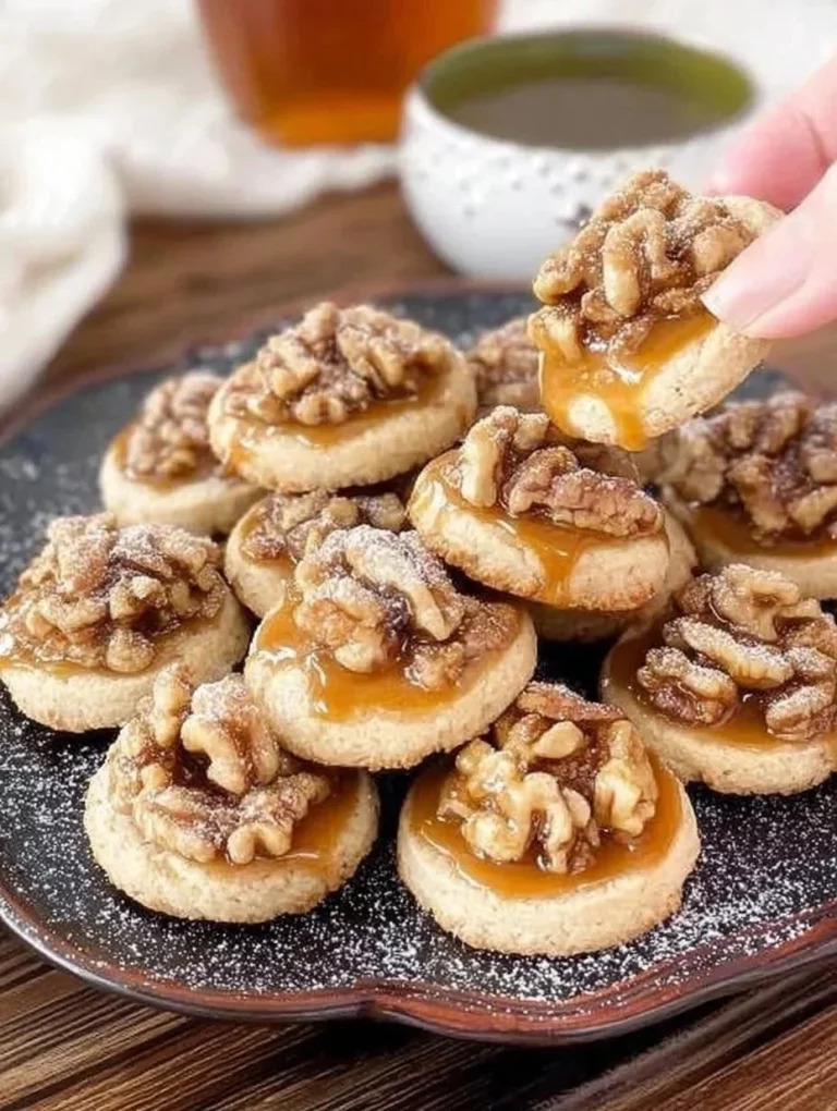 Walnut cookies topped with caramel drizzle on a plate