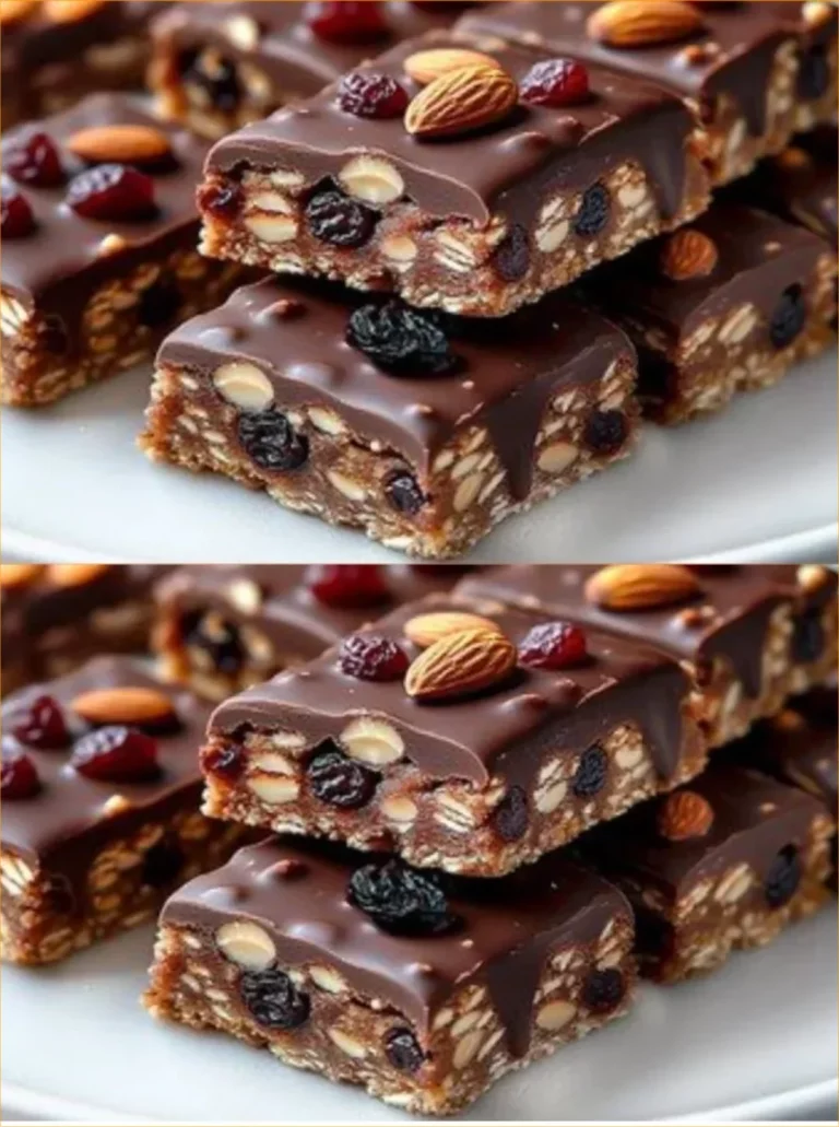 Homemade oat bars stacked on a wooden table, healthy snack option.