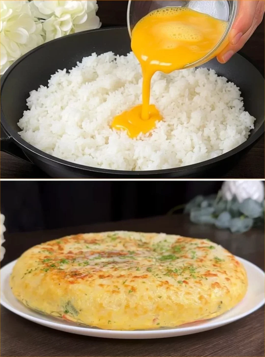 Plate of delicious Rice with Eggs topped with green onions