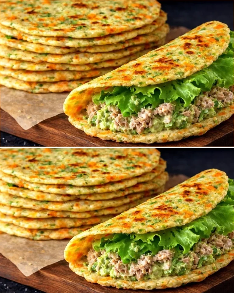 Avocado flatbread topped with tuna and creamy avocado mayo on a wooden board