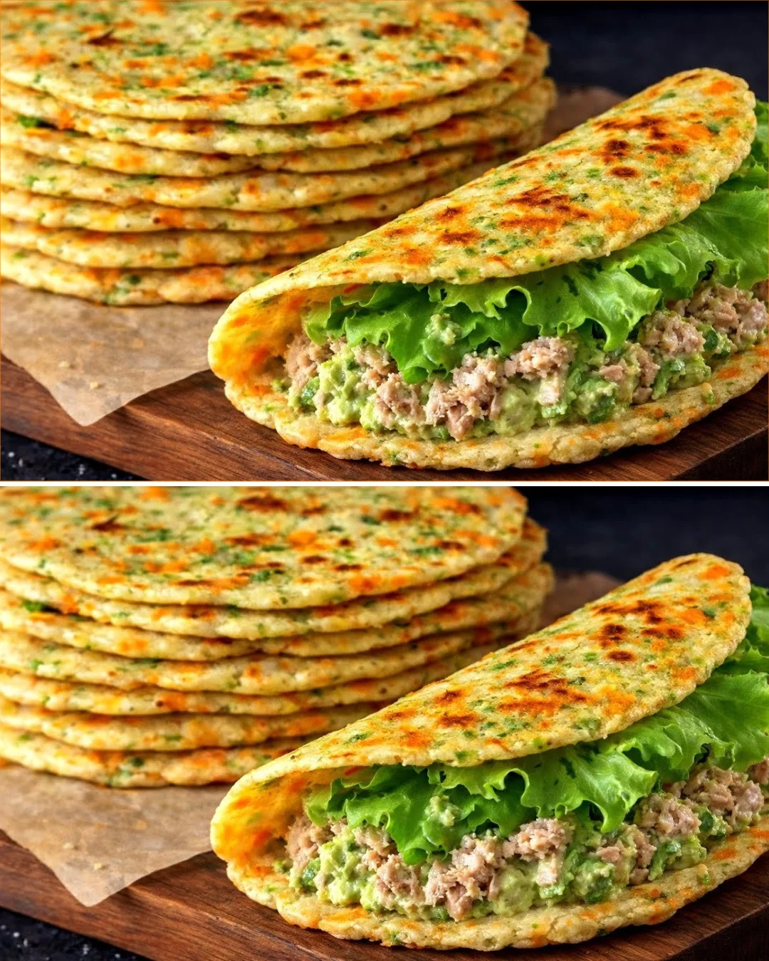 Avocado flatbread topped with tuna and creamy avocado mayo on a wooden board
