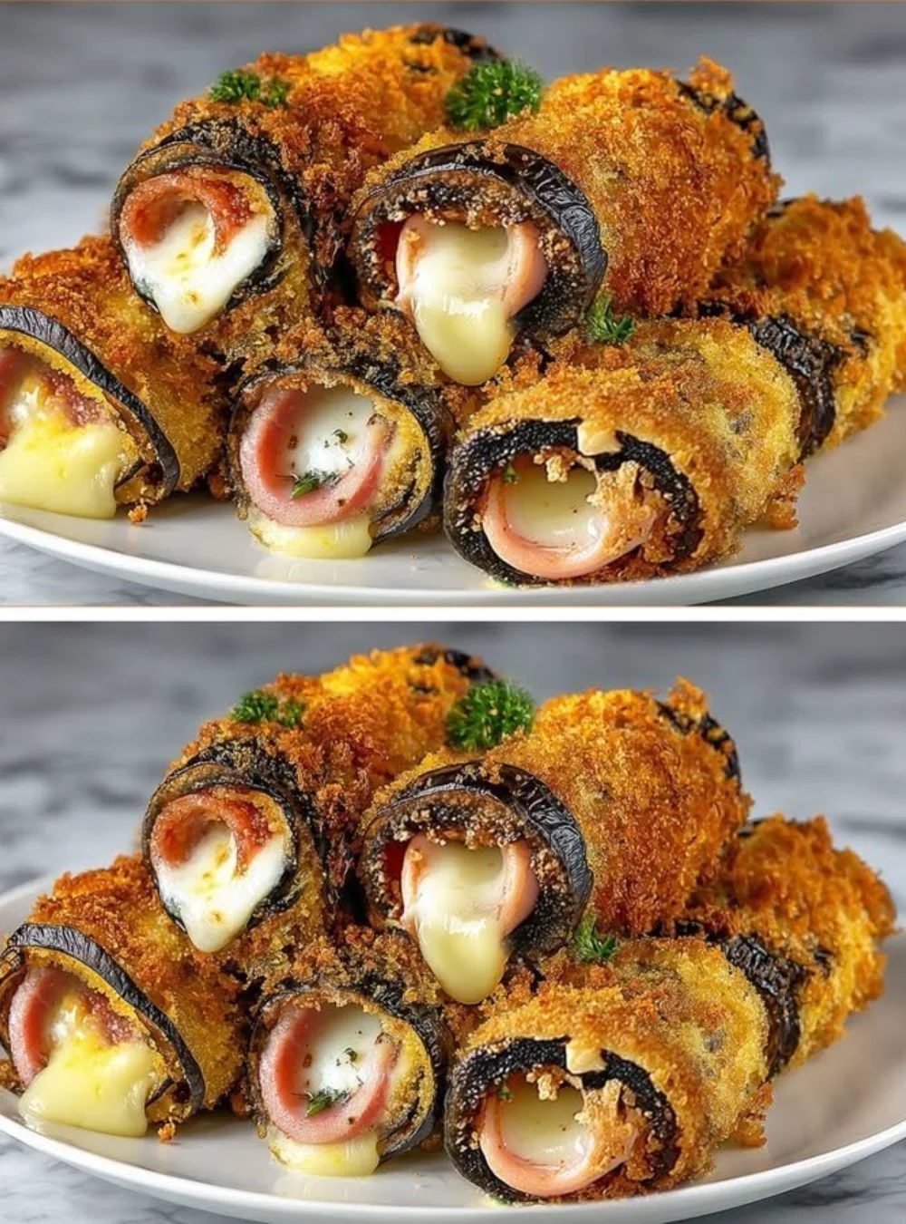 Baked eggplant rolls garnished with herbs and cheese on a white plate