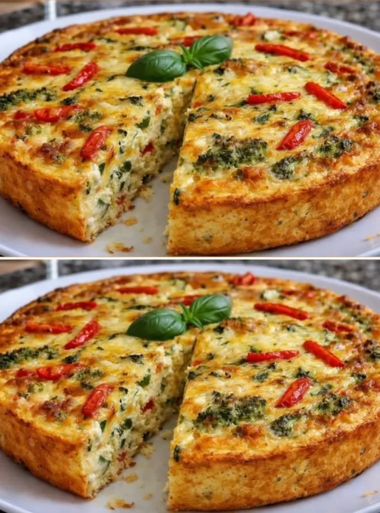 Baked vegetable pie filled with fresh veggies and herbs, served on a plate.