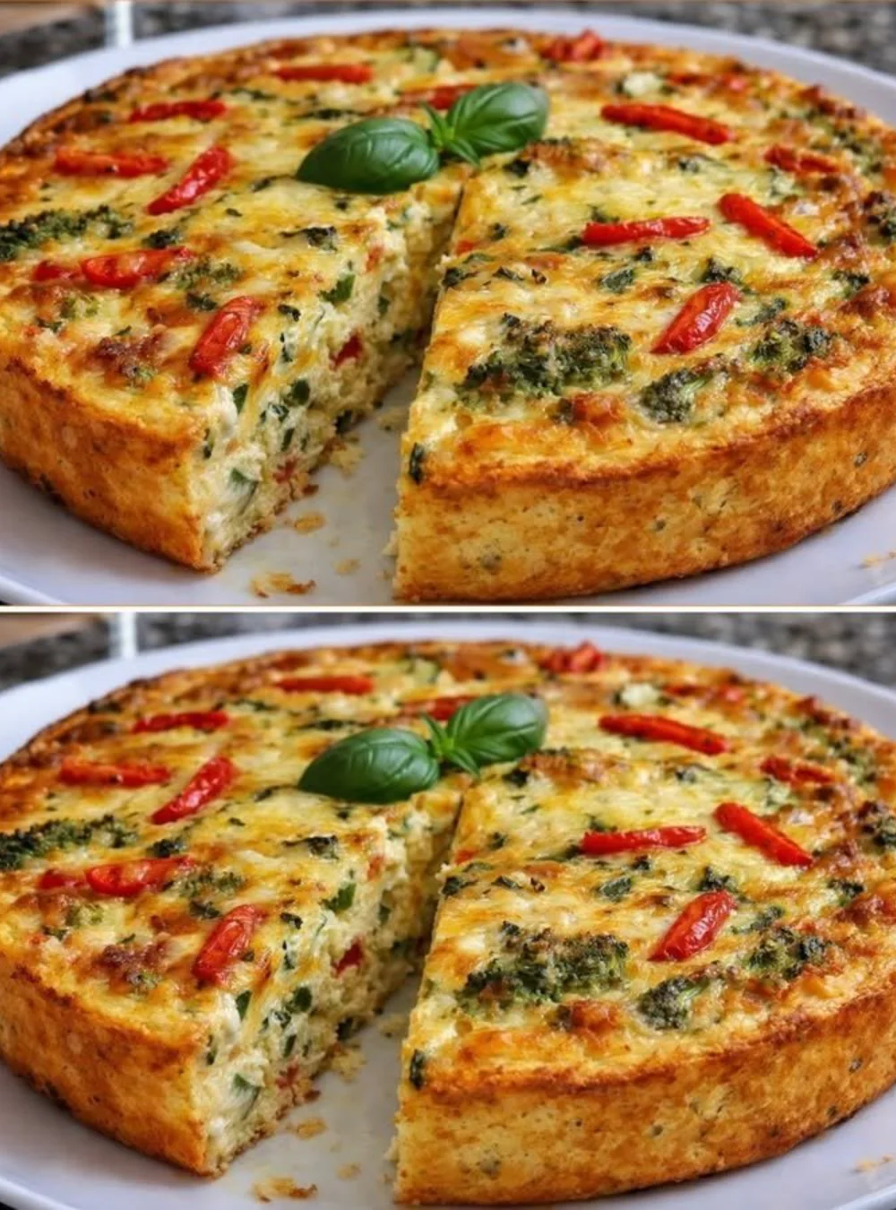 Baked vegetable pie filled with fresh veggies and herbs, served on a plate.