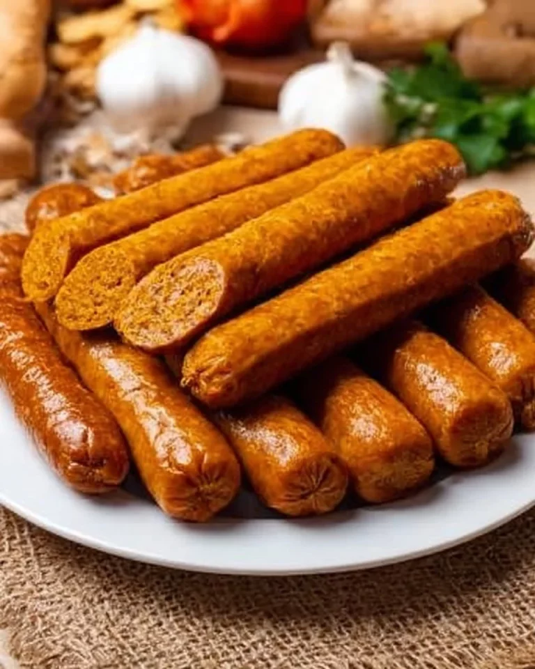 Homemade vegan sausages made with flavorful ingredients on a wooden table