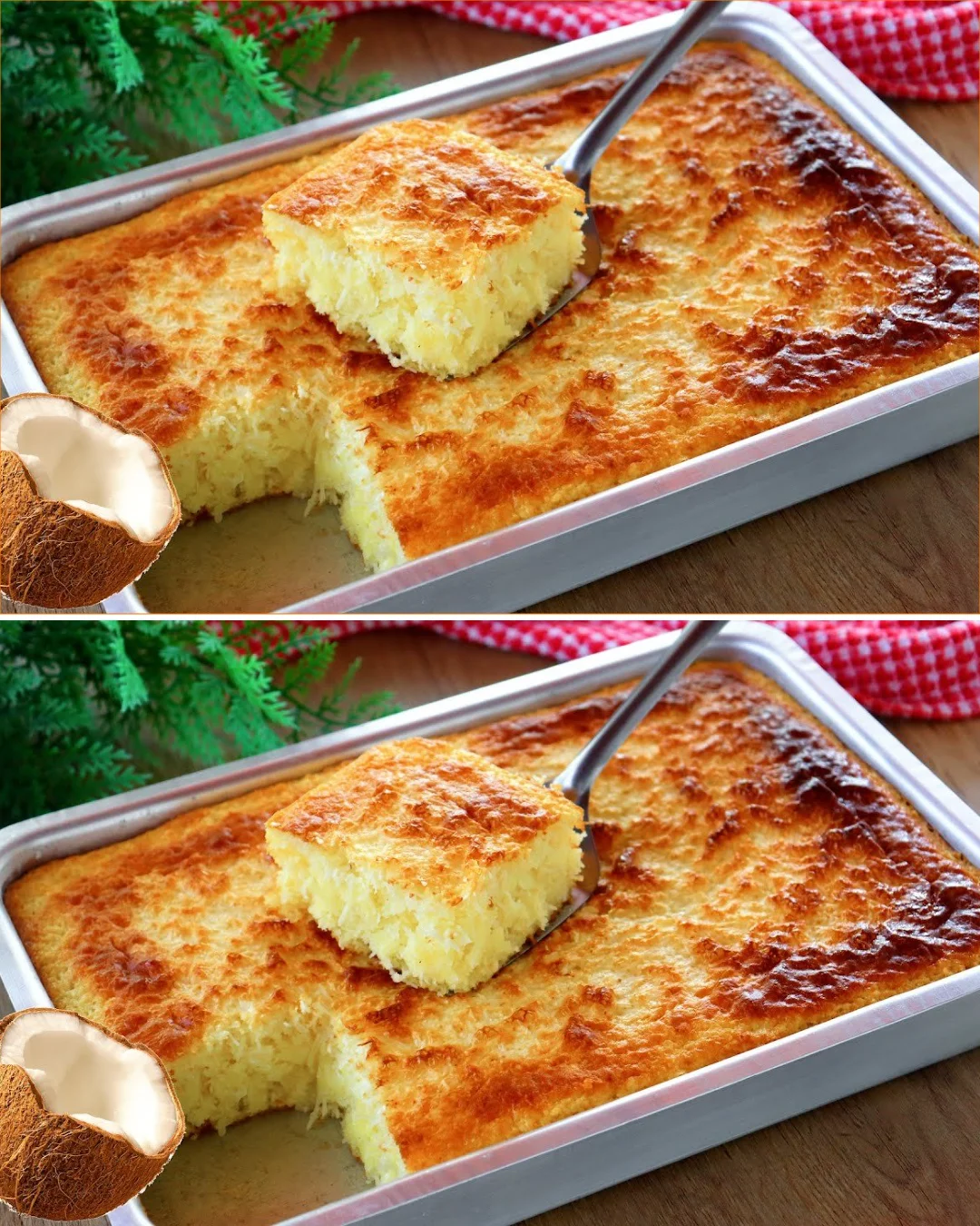 Wheat-free Coconut Cake served on a plate with a coconut garnish