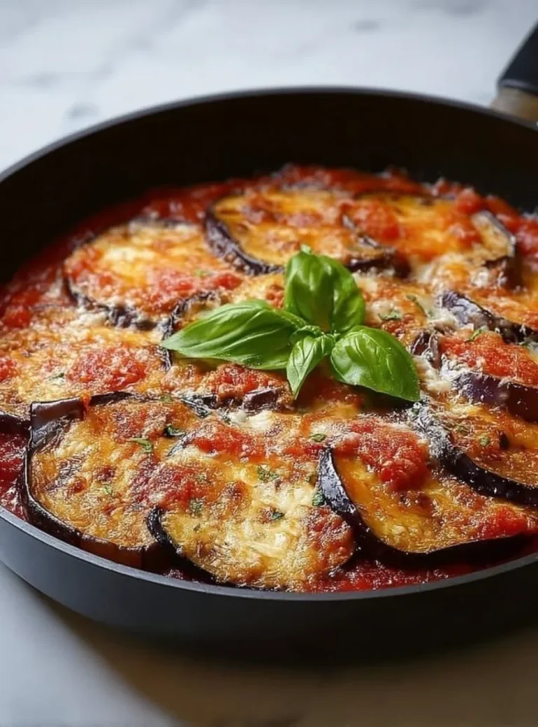 Delicious easy eggplant parmigiana layered with cheese and marinara sauce