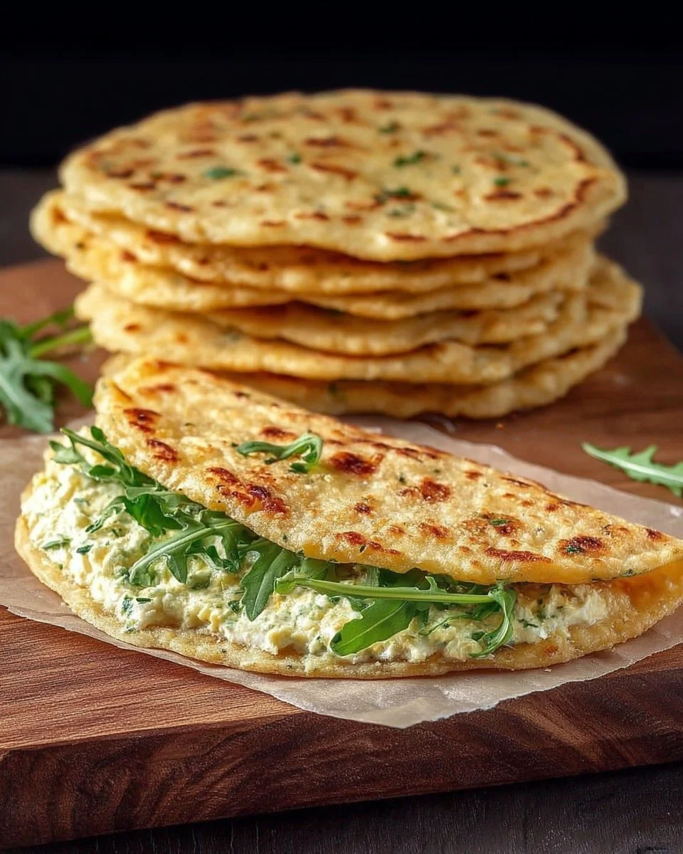 High protein chicken flatbread topped with fresh herbs on a wooden plate.