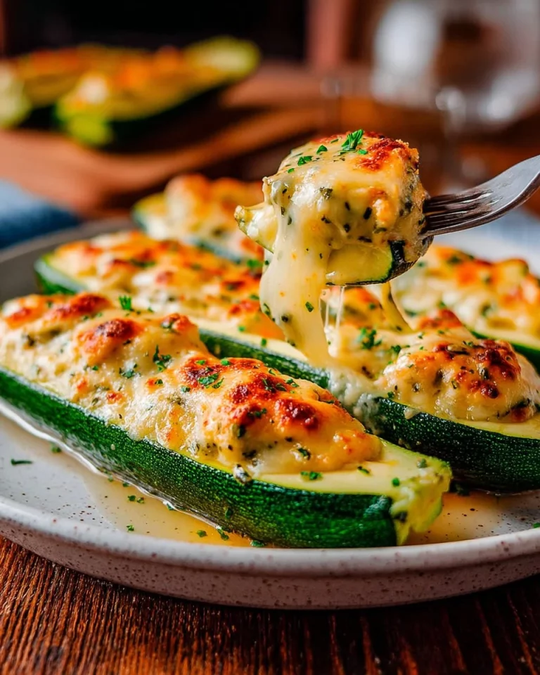 Delicious easy stuffed zucchini with vegetables and melted cheese on a plate