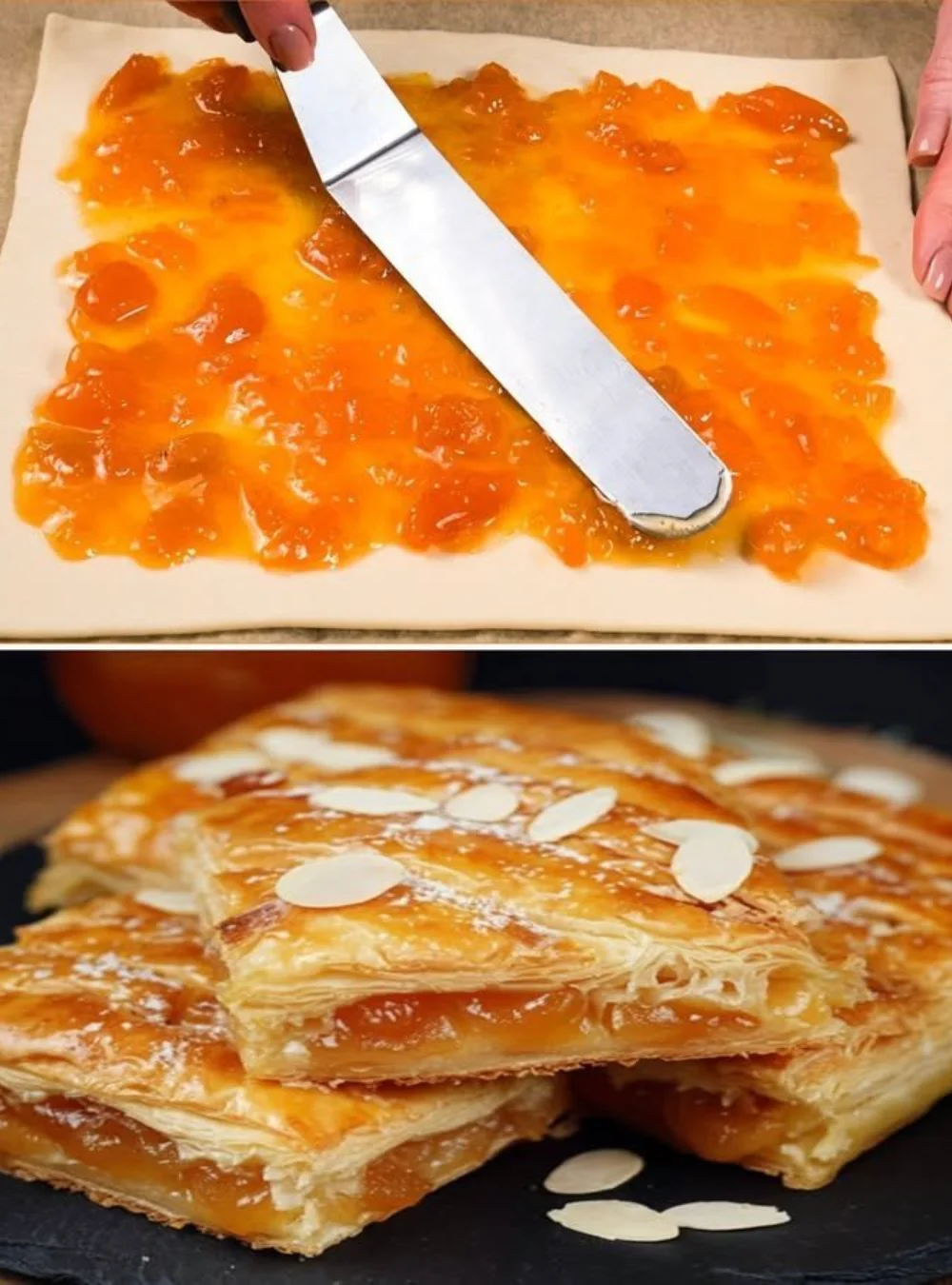 Flaky puff pastry with sweet-tart apricot jam on a white plate