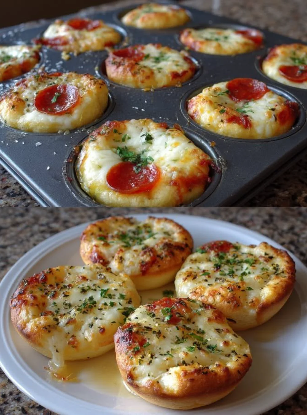 Garlic Butter Pizza Cupcakes topped with cheese and herbs