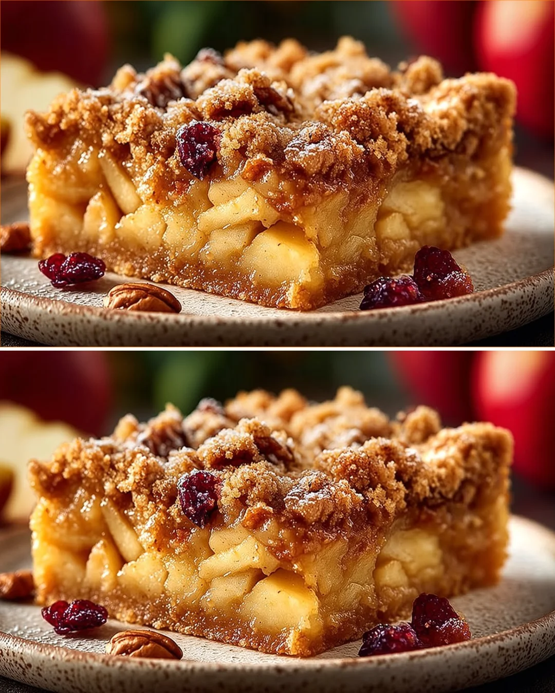Healthy apple crumble dessert topped with oats and cinnamon in a baking dish