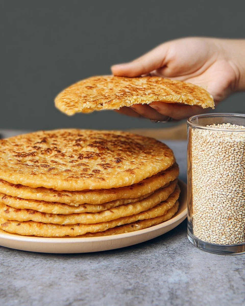 High protein flatbread topped with tahini and sesame seeds.