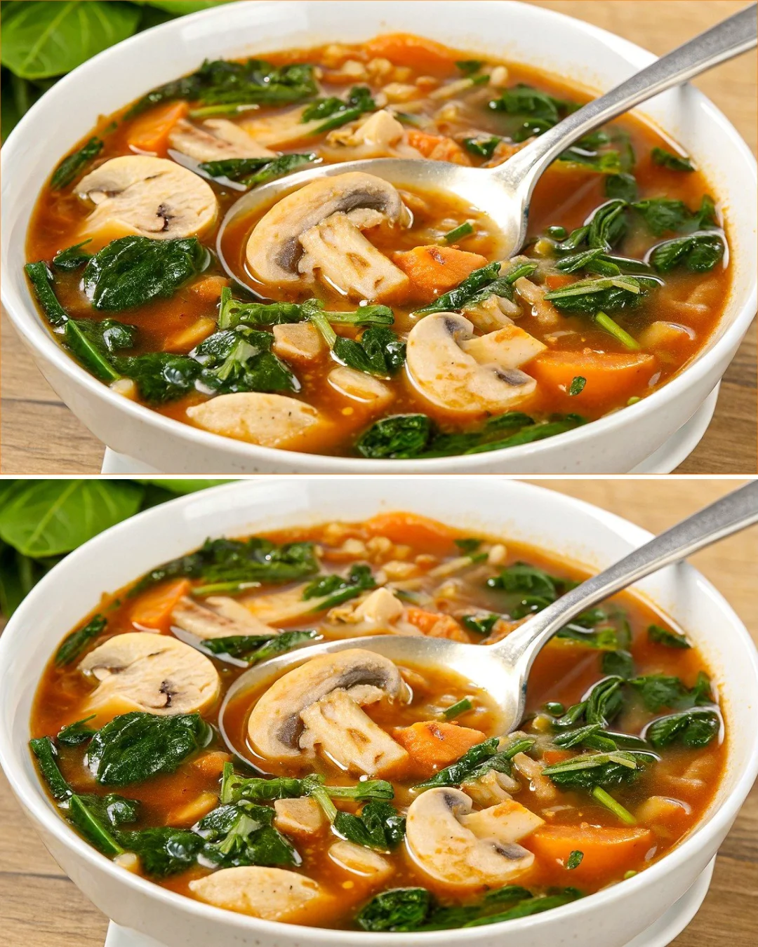 Creamy mushroom soup with spinach in a bowl garnished with herbs.