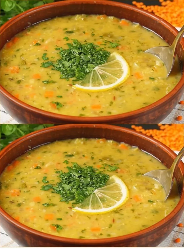 A steaming bowl of my grandma's unique lentil soup with fresh herbs.