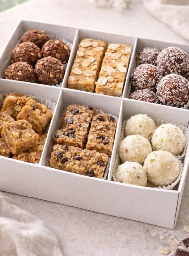A variety of colorful no-bake bites arranged on a plate.