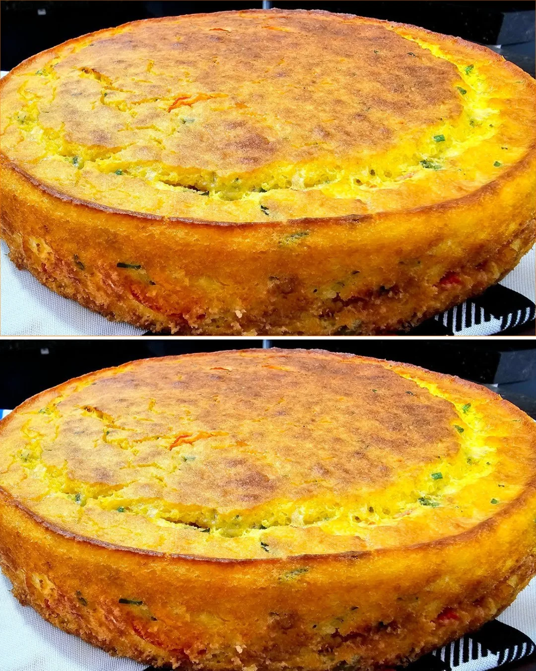 A slice of no-flour savory seasoned cake served on a plate garnished with herbs.
