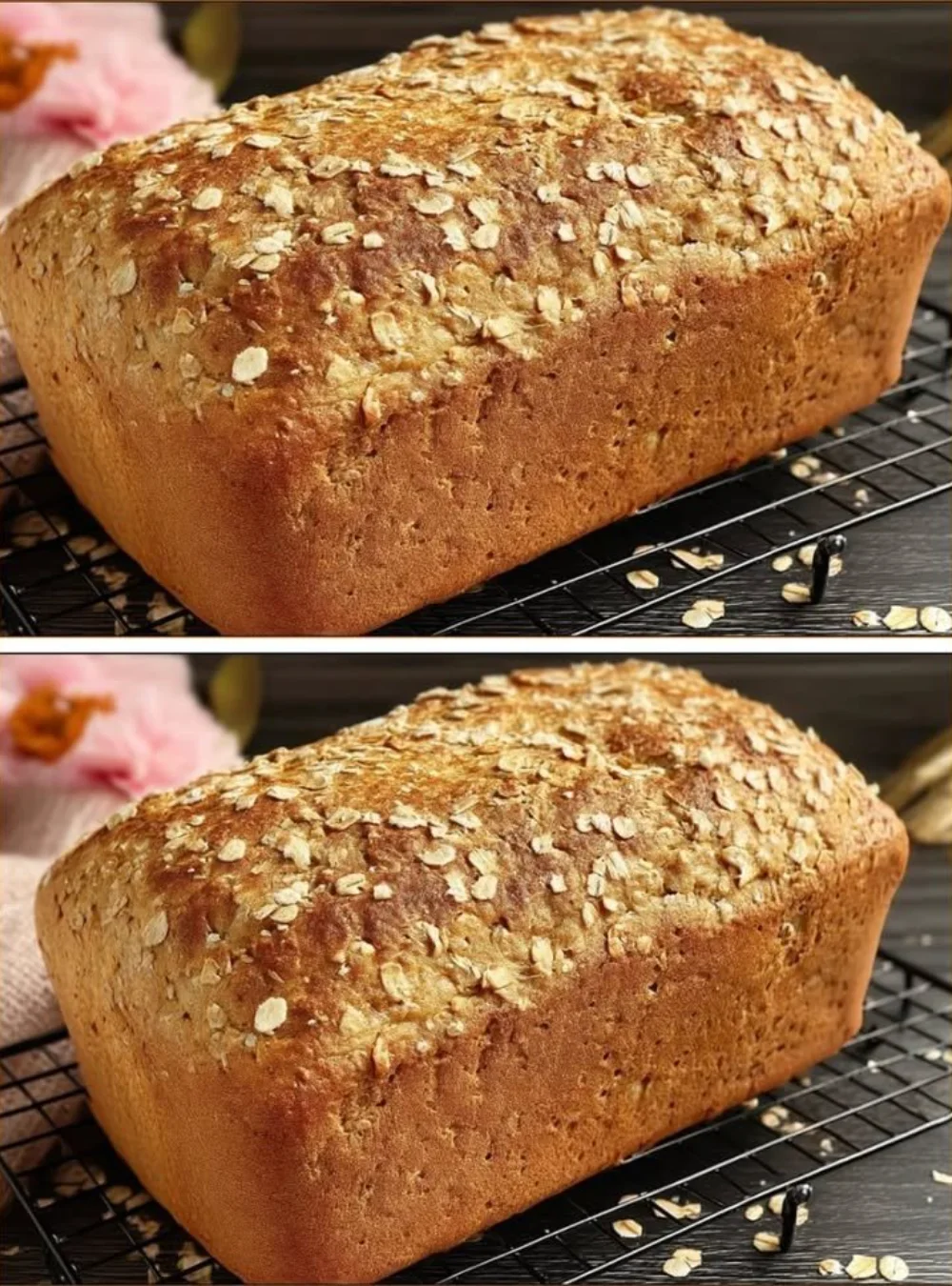Loaf of fresh no sugar bread on a cutting board with herbs and seeds.