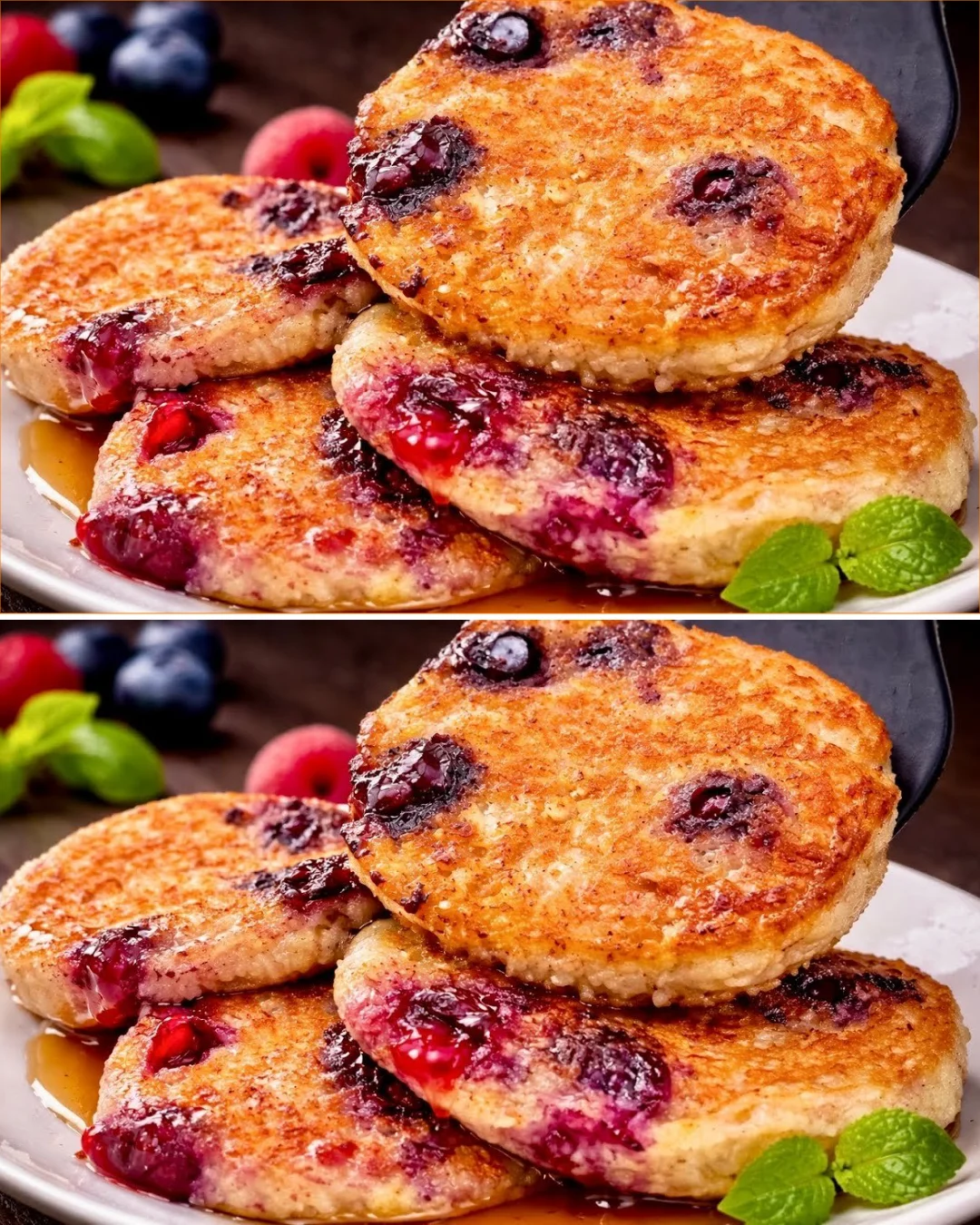 Fluffy oatmeal blueberry pancakes stacked on a plate