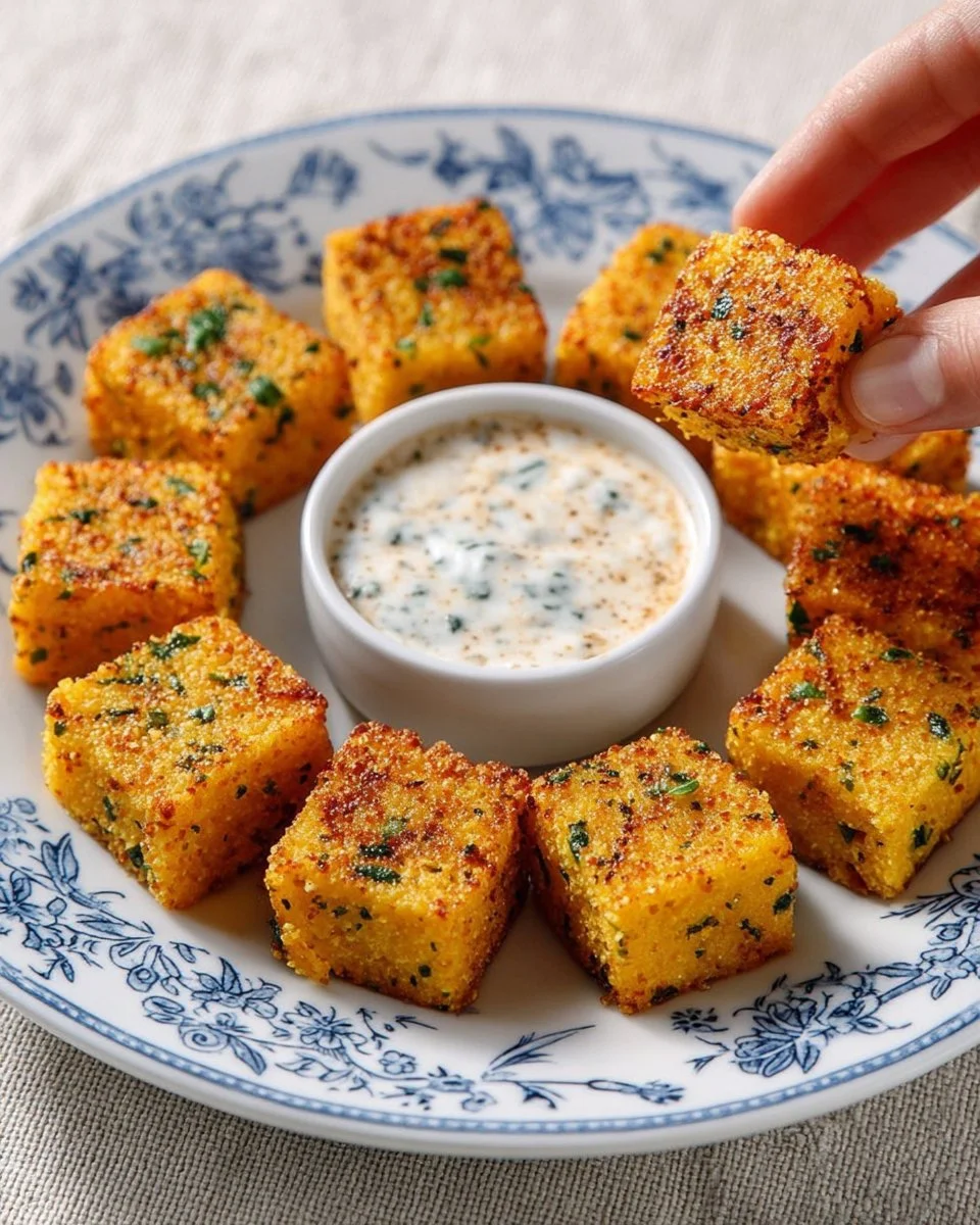 A bowl of creamy polenta topped with seasoned chickpeas and herbs