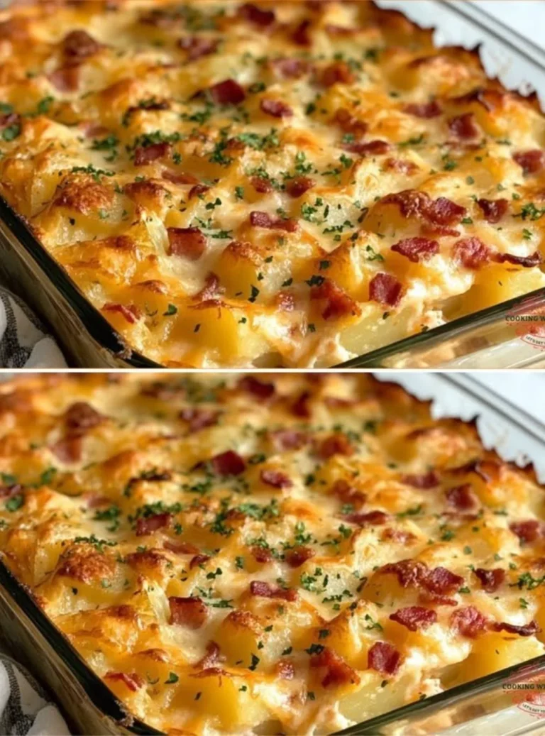 Delicious loaded baked potato casserole topped with cheese, bacon, and chives