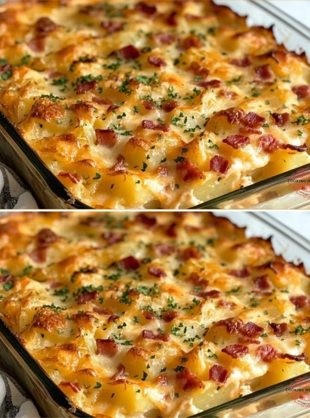 Delicious loaded baked potato casserole topped with cheese, bacon, and chives
