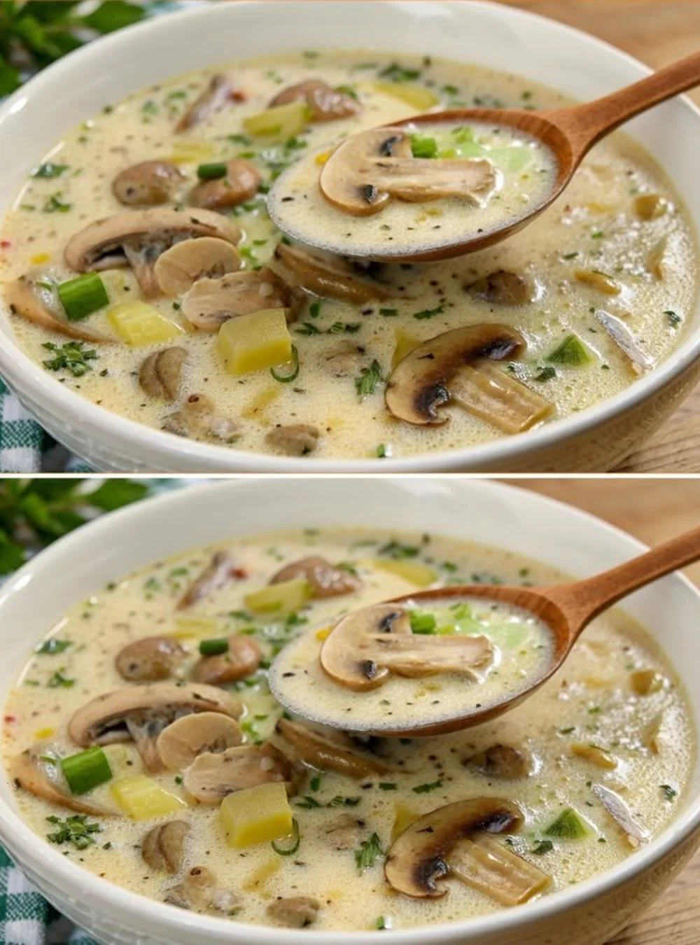 Delicious warm mushroom soup in a bowl, garnished with fresh herbs.