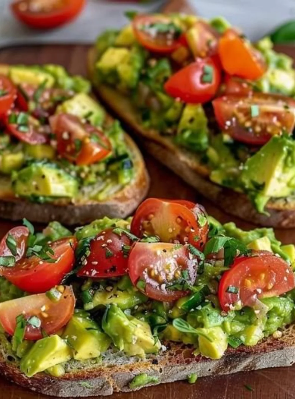Sliced avocado bread topped with fresh tomatoes on a wooden table