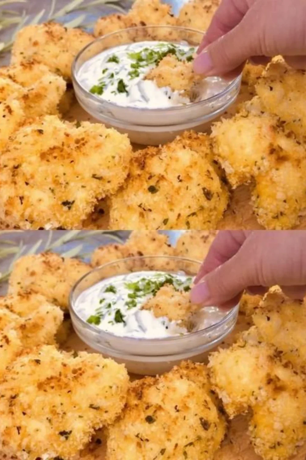 Crispy baked cauliflower dish served on a plate with herbs.