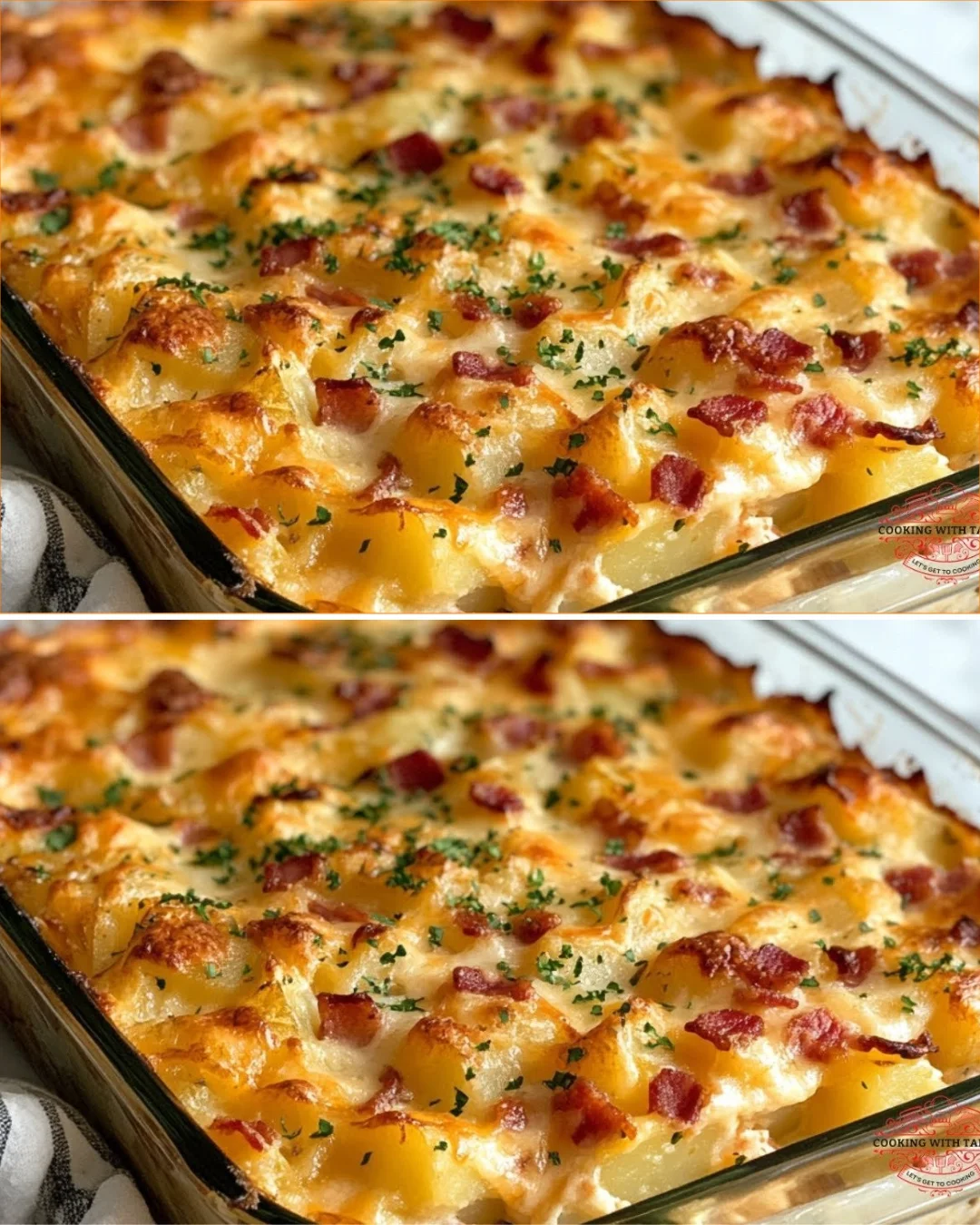 Best ever loaded baked potato casserole topped with cheese, bacon, and chives.