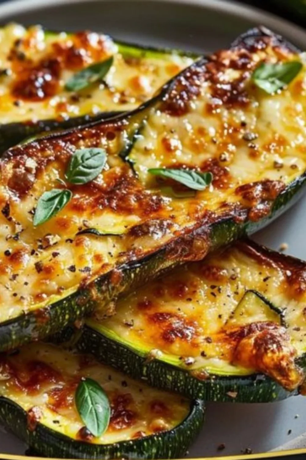 Cheesy garlic zucchini steaks topped with melted cheese, a healthy vegetable dish.