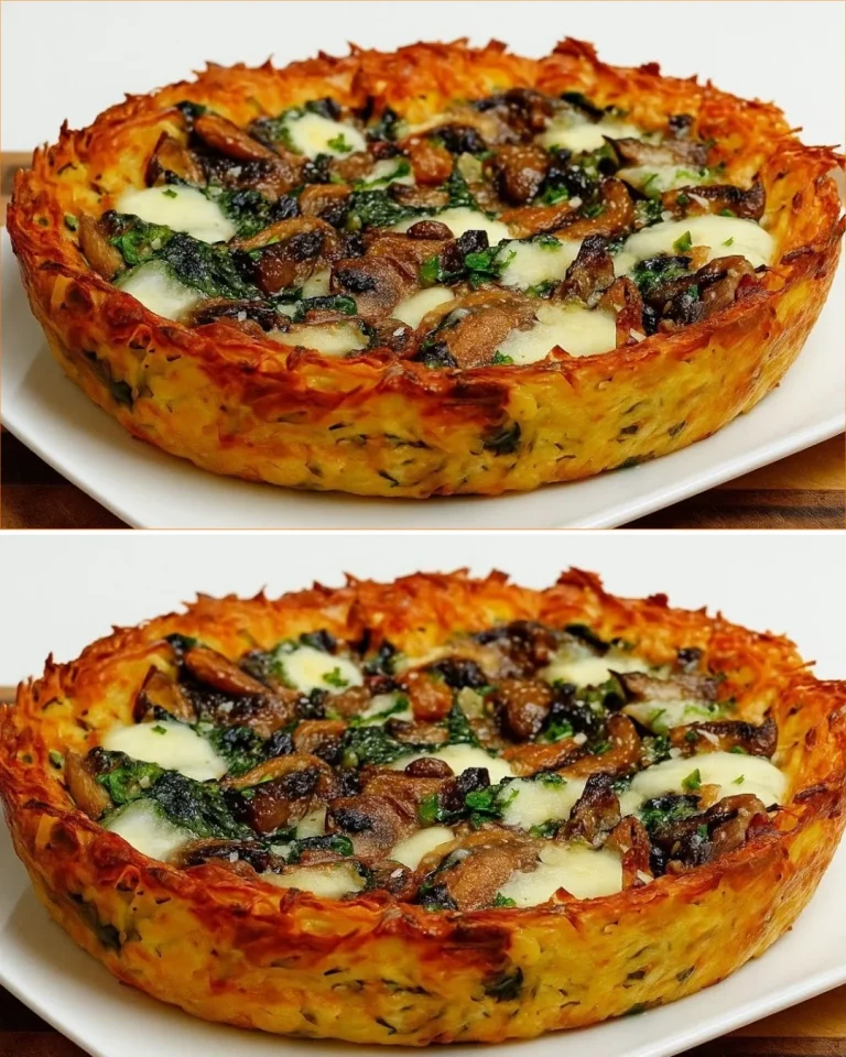 Crispy potato pie filled with spinach and mushrooms on a wooden table.