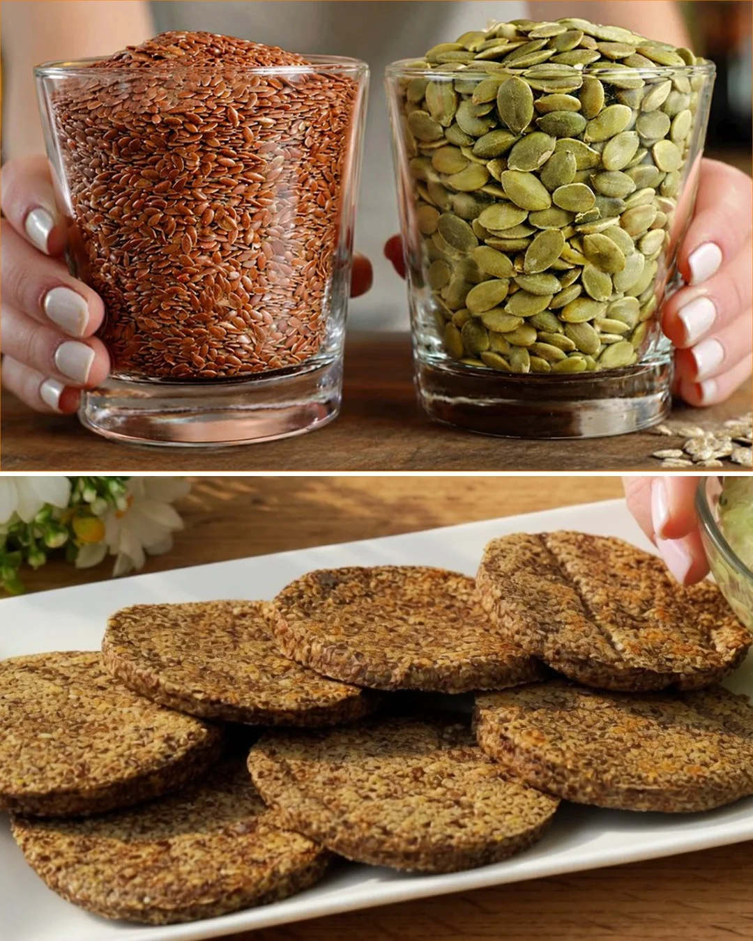 Crispy seed pancakes topped with a creamy avocado sauce on a plate.