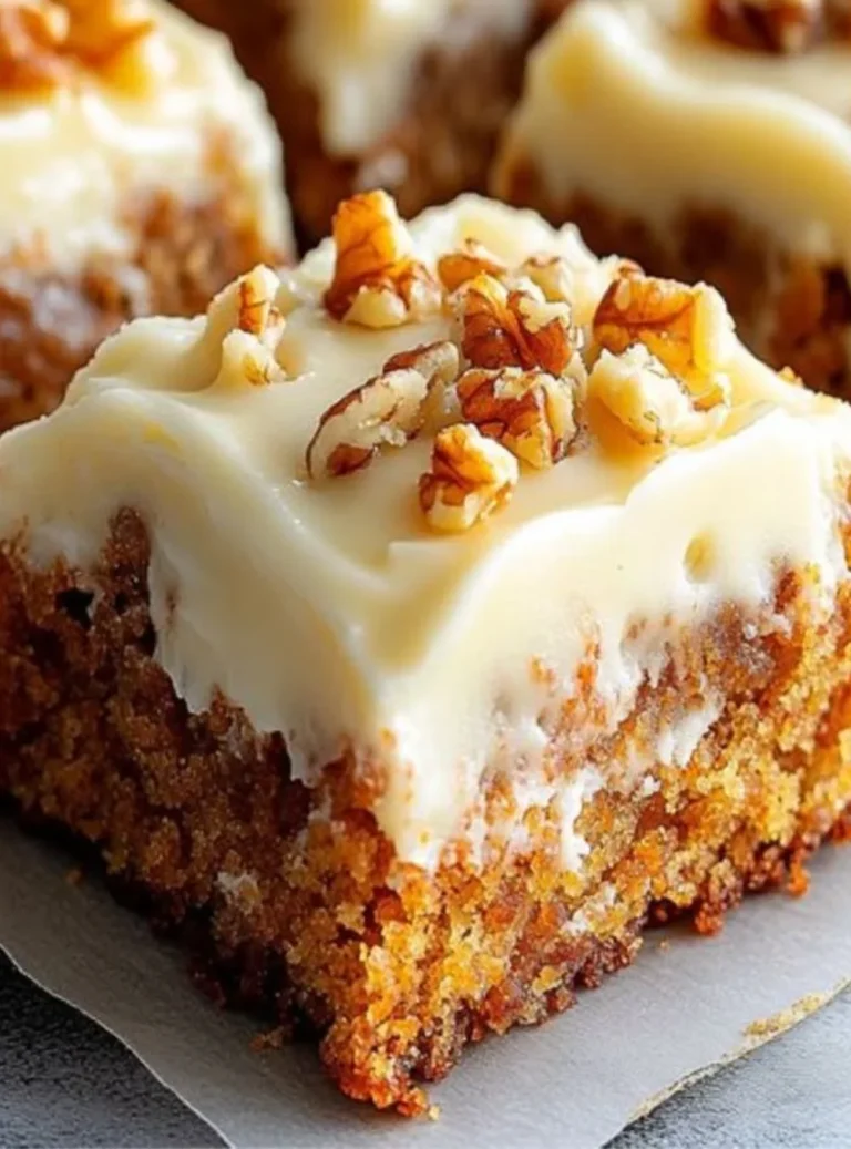 Decadent carrot cake bars with cream cheese frosting, a delicious dessert option.