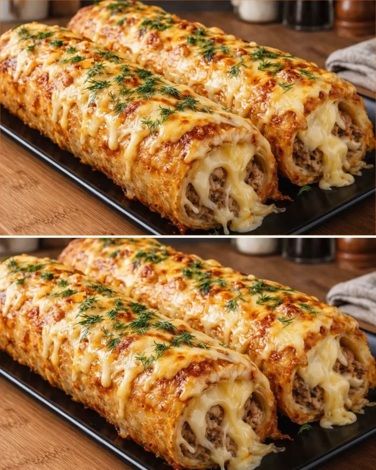 Delicious meat-stuffed potato roulade garnished with herbs on a plate.