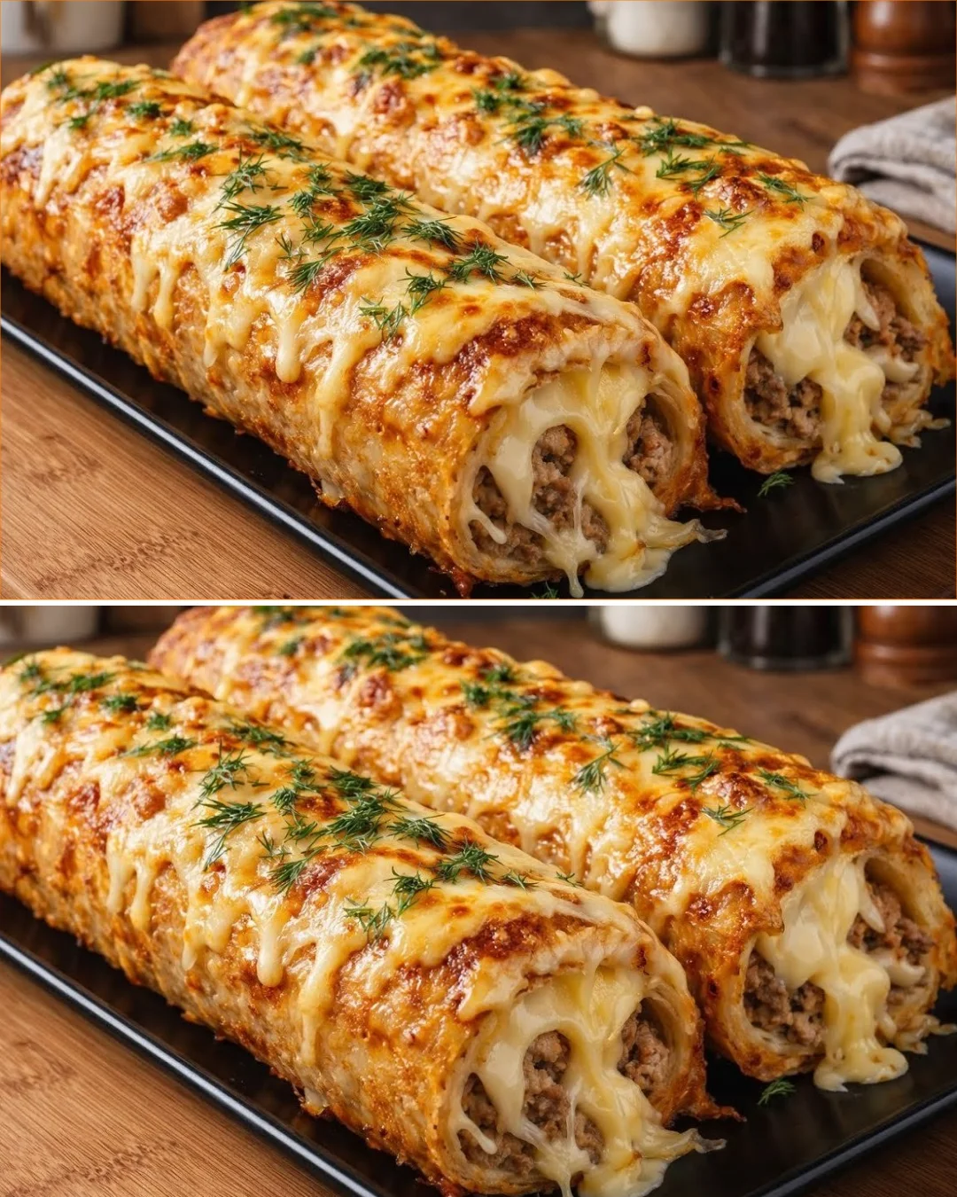 Delicious meat-stuffed potato roulade garnished with herbs on a plate.