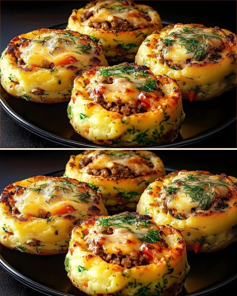 Filled mashed potato nests served with a colorful fresh veggie salad.